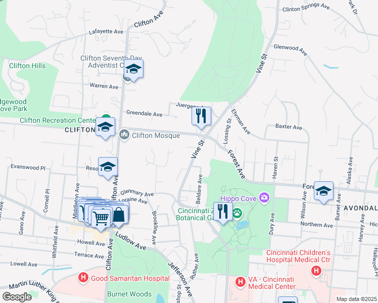 map of restaurants, bars, coffee shops, grocery stores, and more near 25 Intervine Place in Cincinnati
