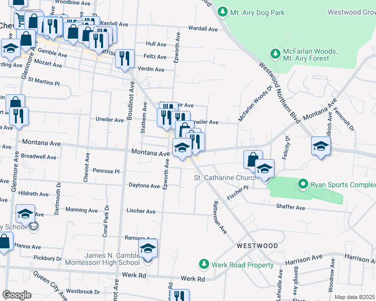 map of restaurants, bars, coffee shops, grocery stores, and more near 3022 Harrison Avenue in Cincinnati