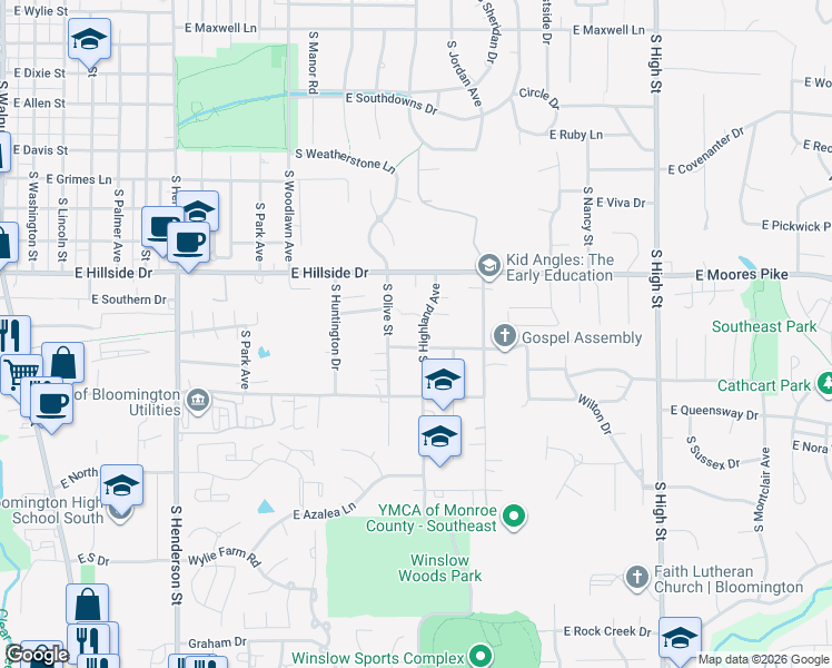 map of restaurants, bars, coffee shops, grocery stores, and more near 1217 East Thornton Drive in Bloomington