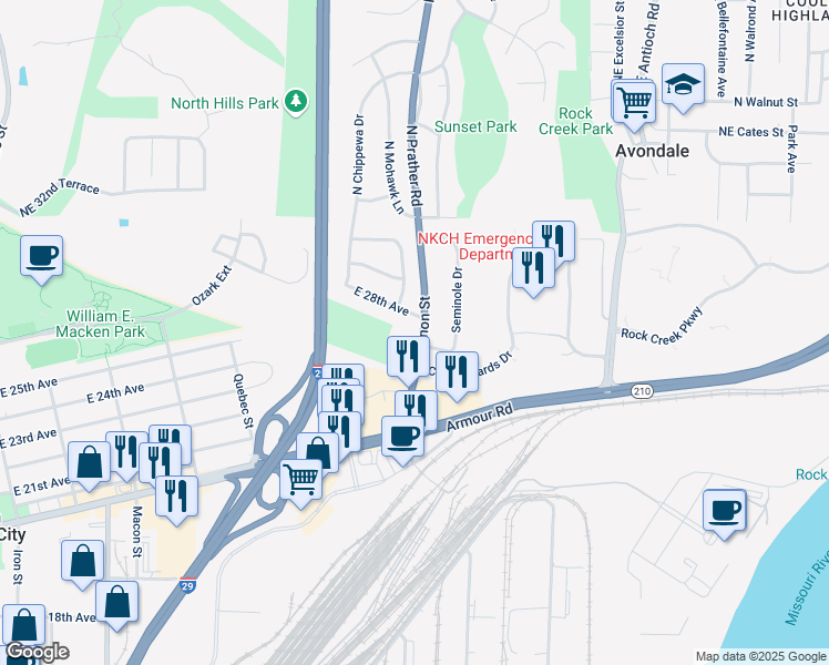 map of restaurants, bars, coffee shops, grocery stores, and more near 2601 Vernon Street in North Kansas City