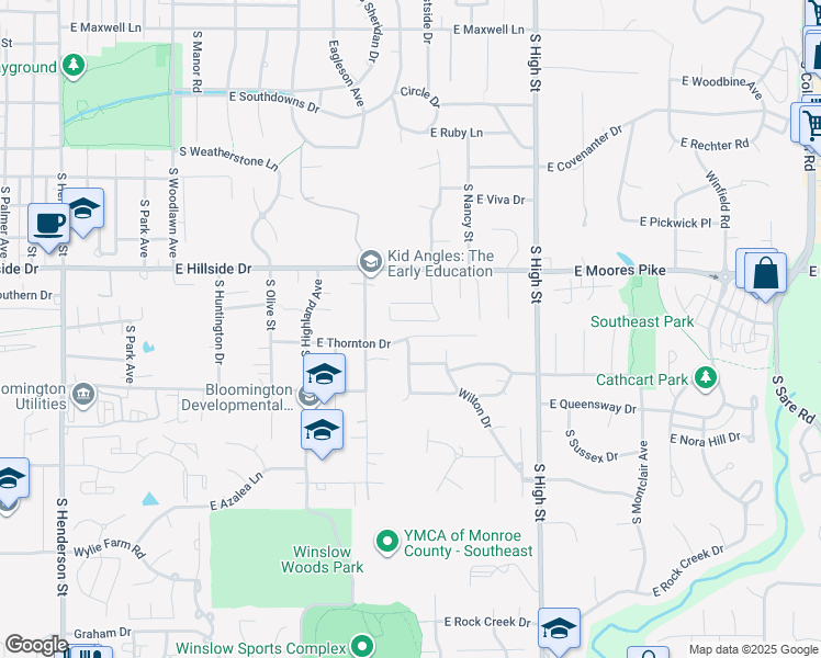 map of restaurants, bars, coffee shops, grocery stores, and more near 1701 East Thornton Drive in Bloomington