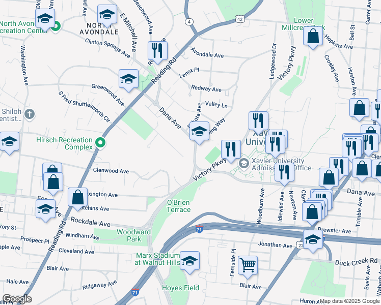 map of restaurants, bars, coffee shops, grocery stores, and more near 1025 Dana Avenue in Cincinnati
