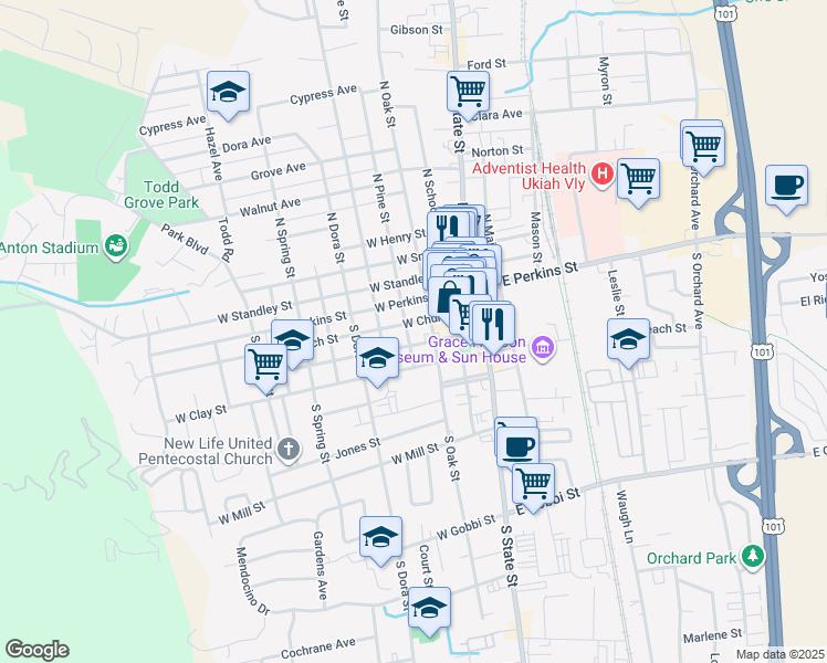 map of restaurants, bars, coffee shops, grocery stores, and more near 207 South Pine Street in Ukiah