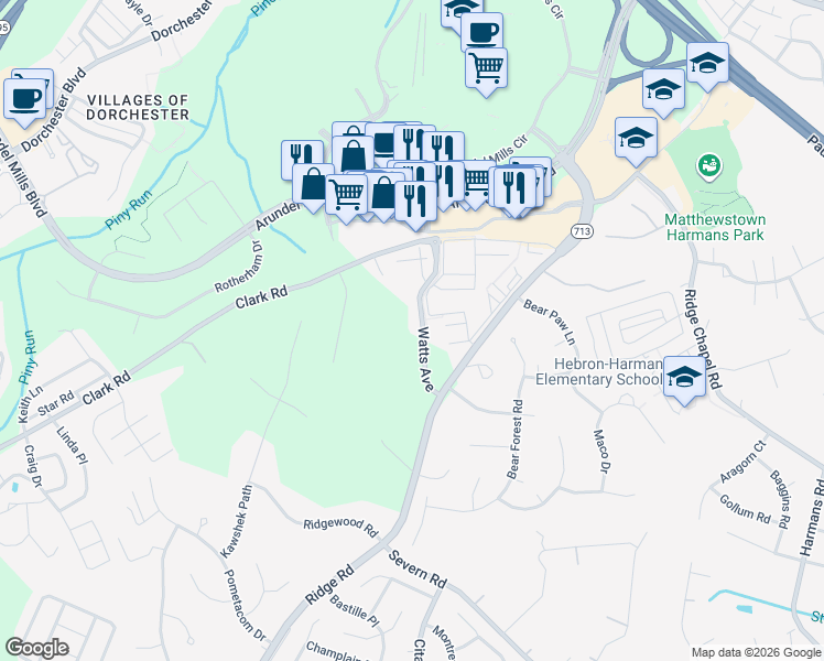 map of restaurants, bars, coffee shops, grocery stores, and more near 7628 Watts Avenue in Hanover