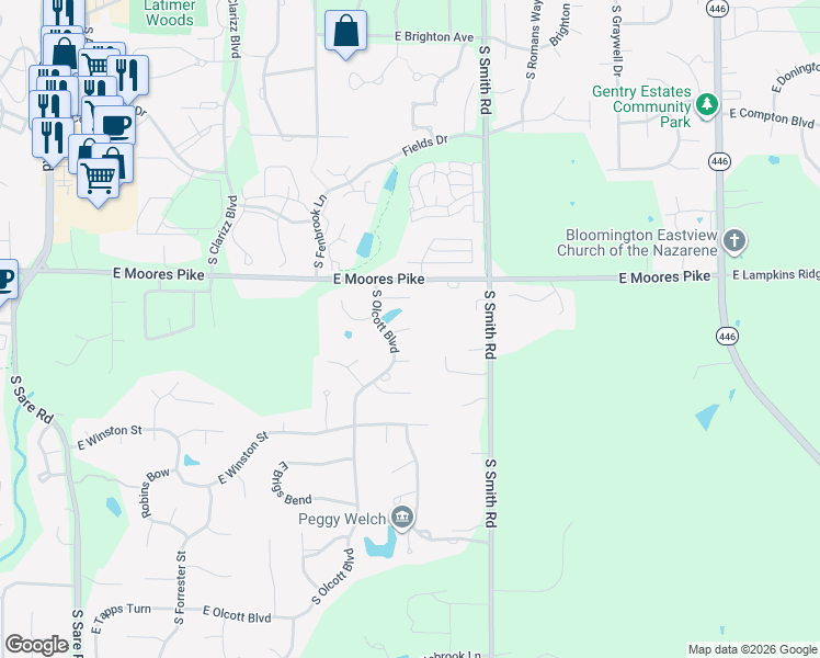 map of restaurants, bars, coffee shops, grocery stores, and more near 3798 East Chaudion Court in Bloomington