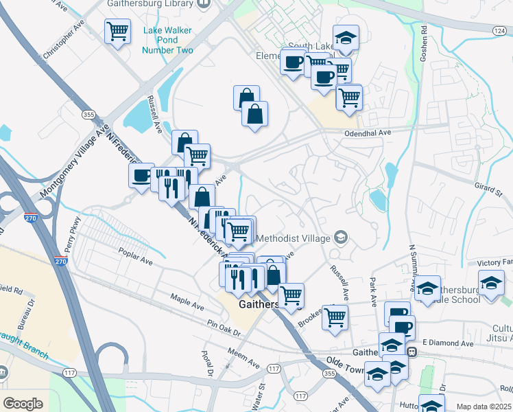 map of restaurants, bars, coffee shops, grocery stores, and more near 516 Russell Avenue in Gaithersburg