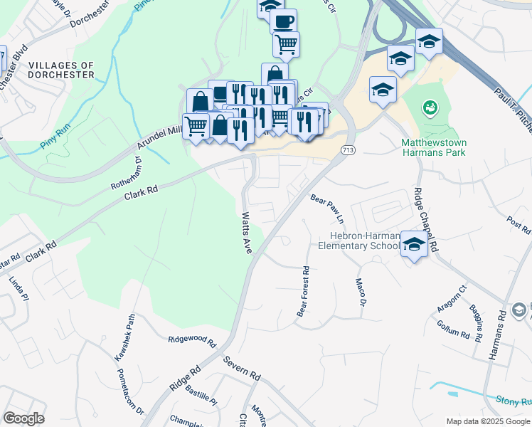 map of restaurants, bars, coffee shops, grocery stores, and more near 7542 Stoney Run Drive in Hanover
