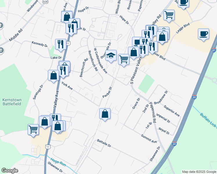 map of restaurants, bars, coffee shops, grocery stores, and more near 2849 Packer Street in Winchester