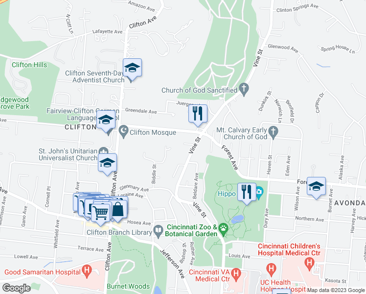 map of restaurants, bars, coffee shops, grocery stores, and more near 25 Intervine Place in Cincinnati