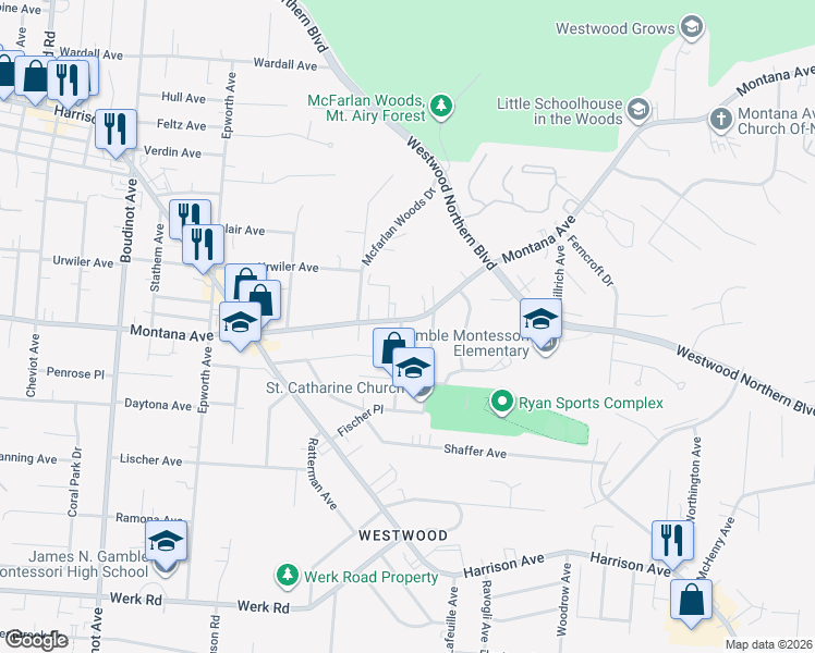 map of restaurants, bars, coffee shops, grocery stores, and more near 2855 Montana Avenue in Cincinnati