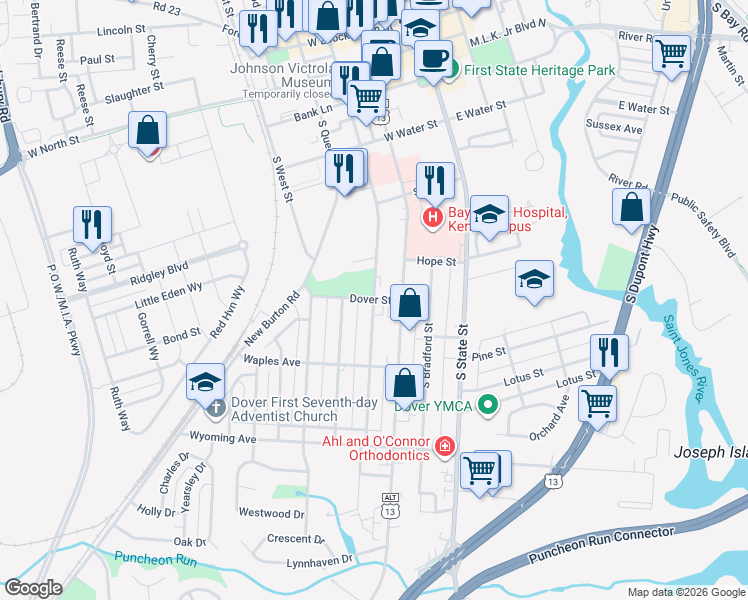 map of restaurants, bars, coffee shops, grocery stores, and more near Dover Street in Dover