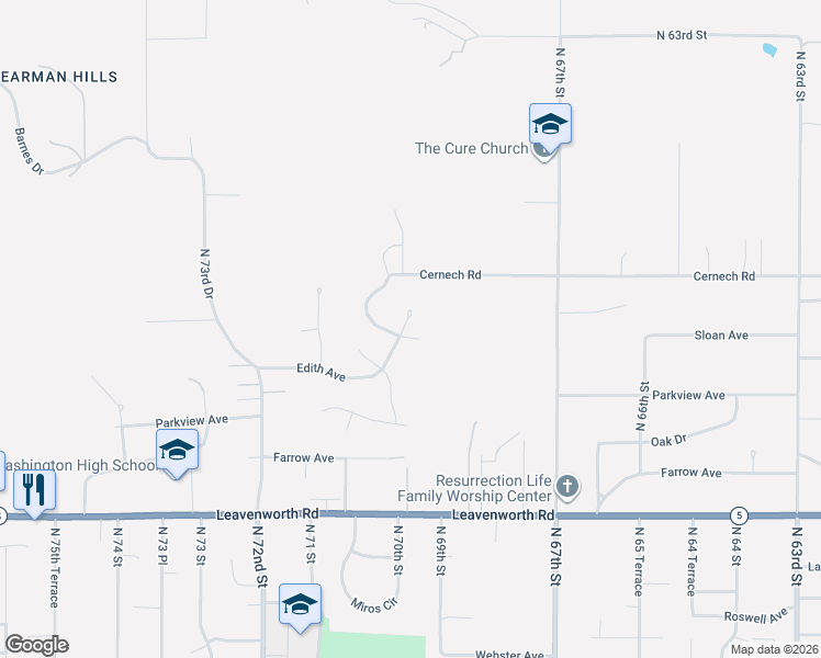 map of restaurants, bars, coffee shops, grocery stores, and more near 3361 North 70th Street in Kansas City