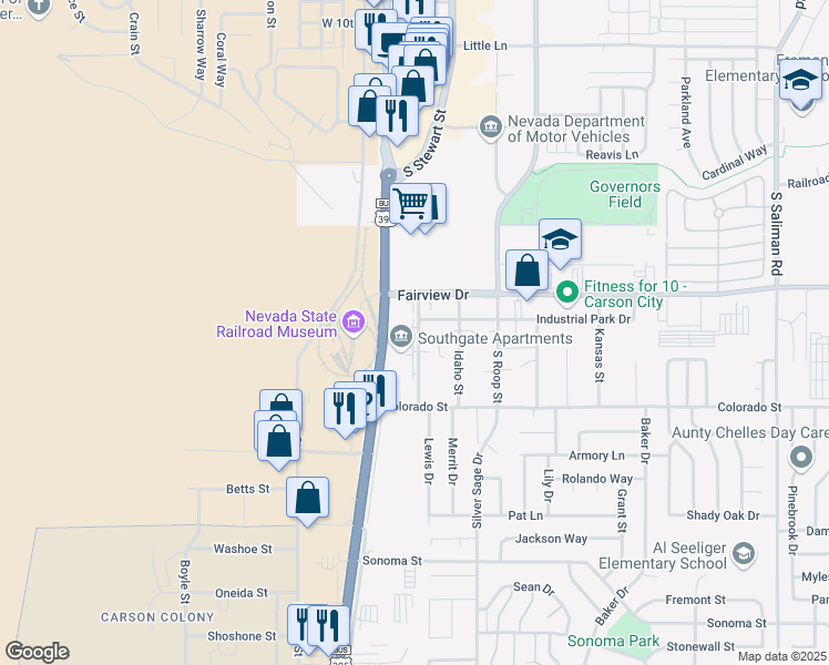 map of restaurants, bars, coffee shops, grocery stores, and more near 2080 California Street in Carson City