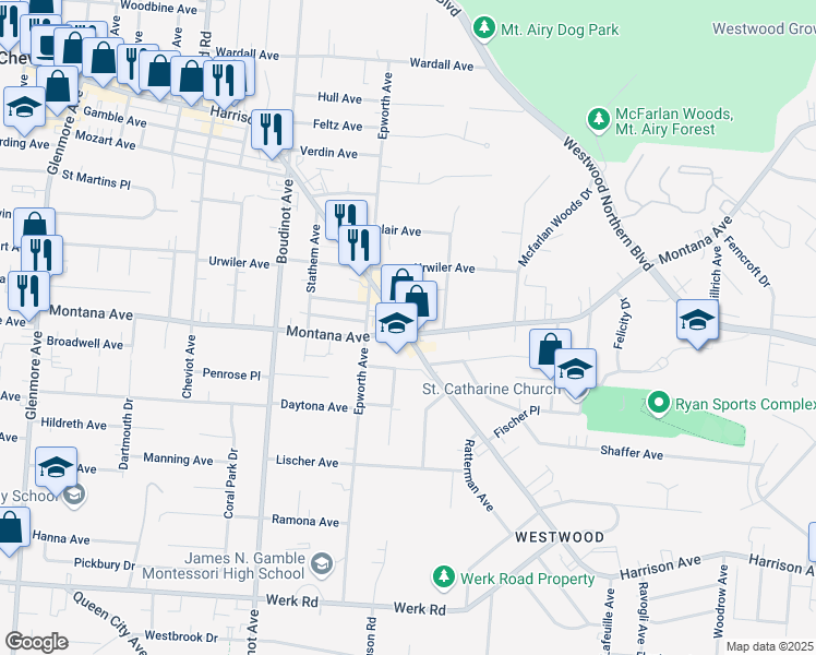 map of restaurants, bars, coffee shops, grocery stores, and more near 3022 Harrison Avenue in Cincinnati
