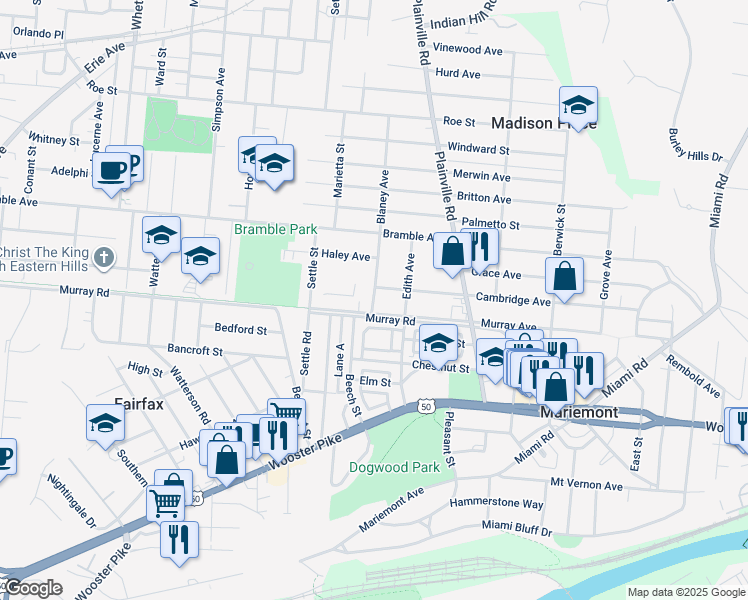 map of restaurants, bars, coffee shops, grocery stores, and more near 6634 Murray Avenue in Cincinnati