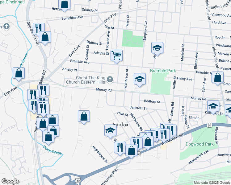 map of restaurants, bars, coffee shops, grocery stores, and more near 3989 South Whetzel Avenue in Cincinnati