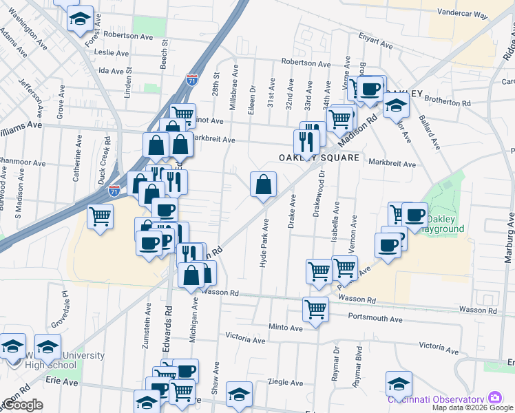 map of restaurants, bars, coffee shops, grocery stores, and more near 2860 Madison Road in Cincinnati