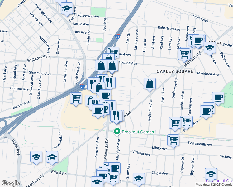 map of restaurants, bars, coffee shops, grocery stores, and more near 2731 Edroy Court in Cincinnati