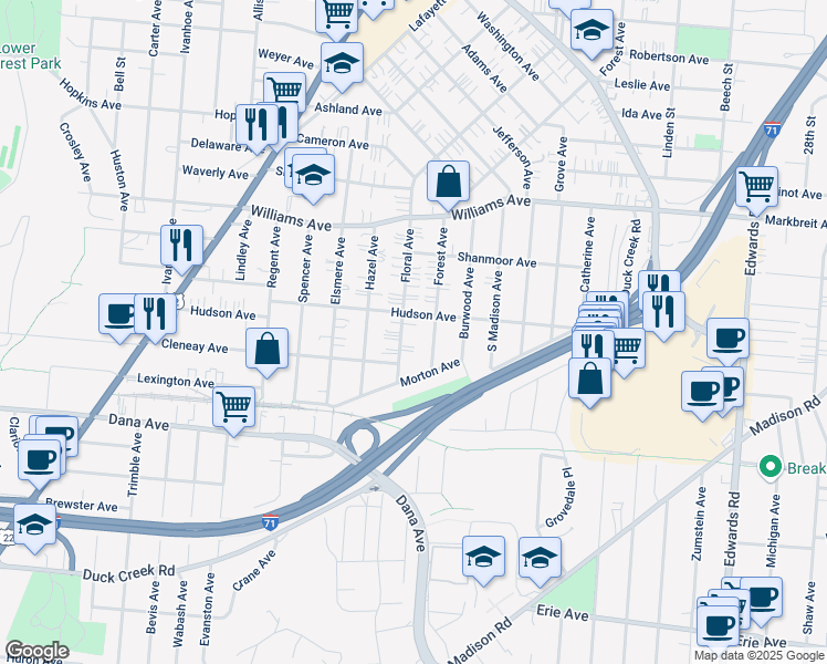 map of restaurants, bars, coffee shops, grocery stores, and more near 3815 Floral Avenue in Cincinnati