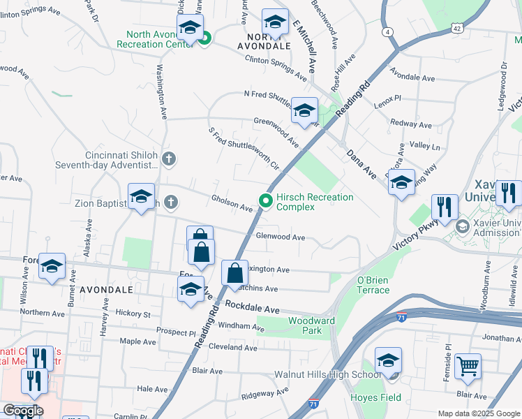 map of restaurants, bars, coffee shops, grocery stores, and more near 727 Gholson Avenue in Cincinnati