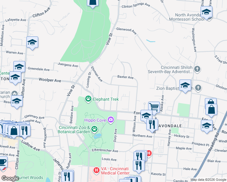 map of restaurants, bars, coffee shops, grocery stores, and more near 3585 Haven Street in Cincinnati