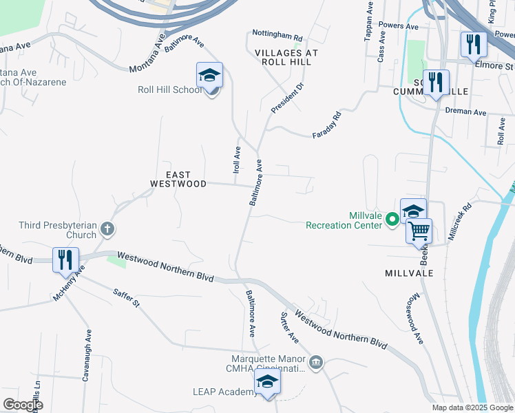 map of restaurants, bars, coffee shops, grocery stores, and more near 2279 Baltimore Avenue in Cincinnati