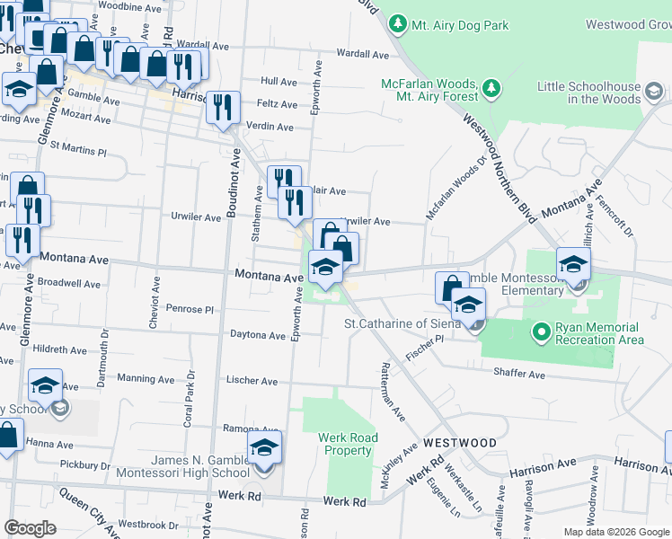 map of restaurants, bars, coffee shops, grocery stores, and more near 3022 Harrison Avenue in Cincinnati