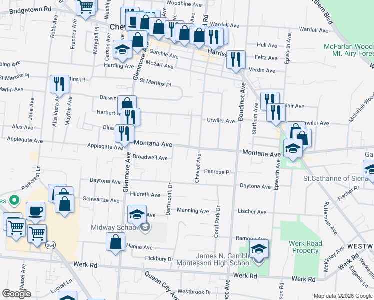 map of restaurants, bars, coffee shops, grocery stores, and more near 3354 Mcfadden Avenue in Cincinnati