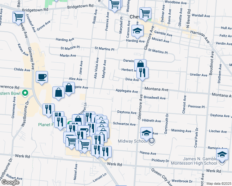 map of restaurants, bars, coffee shops, grocery stores, and more near 3346 Lakeview Street in Cincinnati