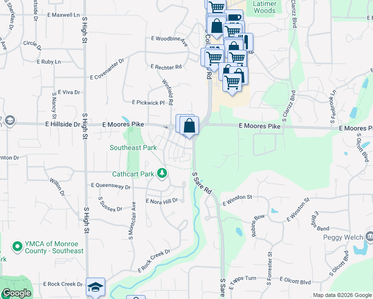 map of restaurants, bars, coffee shops, grocery stores, and more near in Bloomington