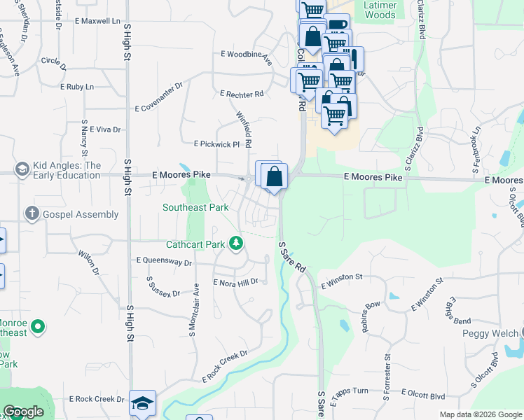 map of restaurants, bars, coffee shops, grocery stores, and more near 1625 South Ira Street in Bloomington