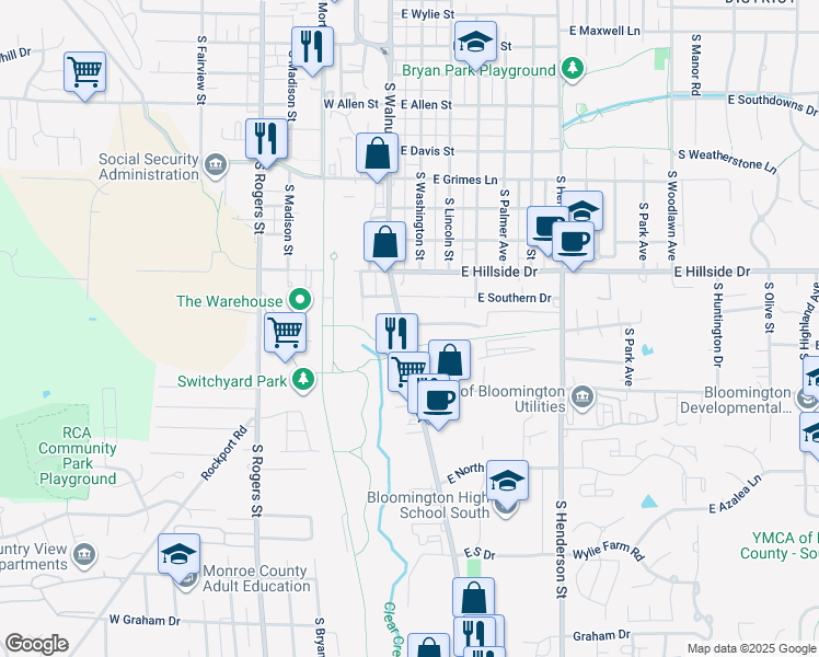 map of restaurants, bars, coffee shops, grocery stores, and more near 1710 South Walnut Street in Bloomington