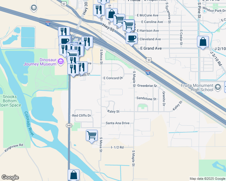 map of restaurants, bars, coffee shops, grocery stores, and more near 104 Peter Drive in Fruita