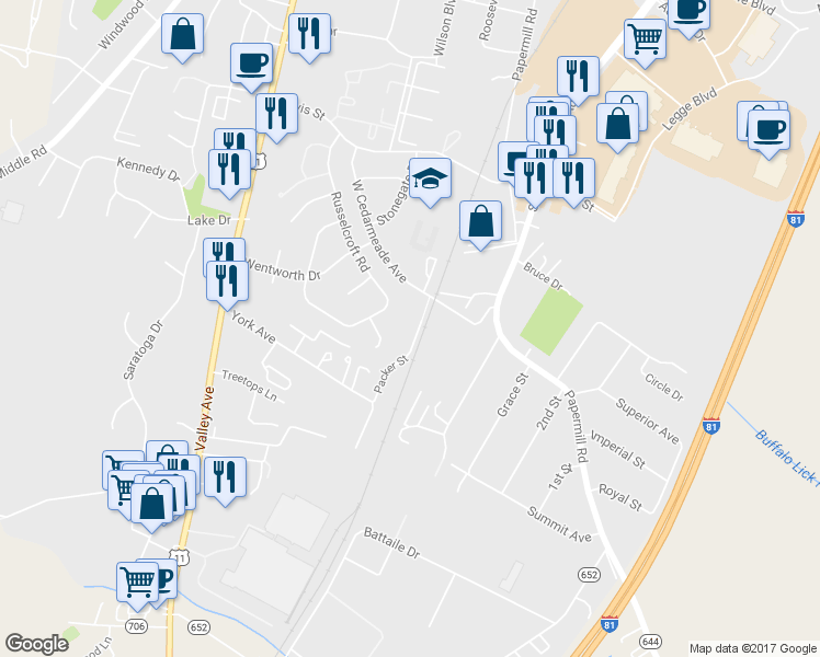 map of restaurants, bars, coffee shops, grocery stores, and more near 2849 Packer Street in Winchester