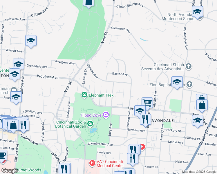 map of restaurants, bars, coffee shops, grocery stores, and more near 3585 Haven Street in Cincinnati