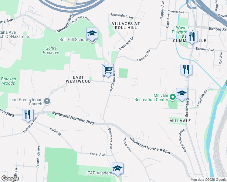 map of restaurants, bars, coffee shops, grocery stores, and more near 2279 Baltimore Avenue in Cincinnati