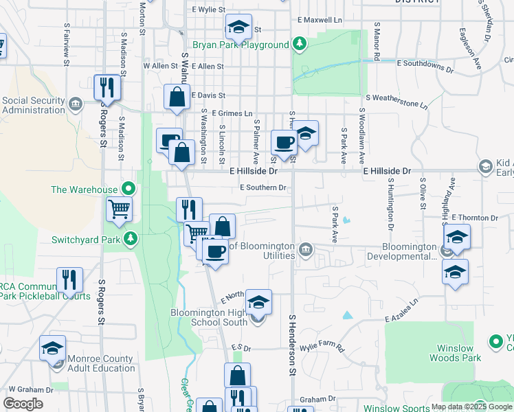 map of restaurants, bars, coffee shops, grocery stores, and more near 1616 South Henderson Street in Bloomington