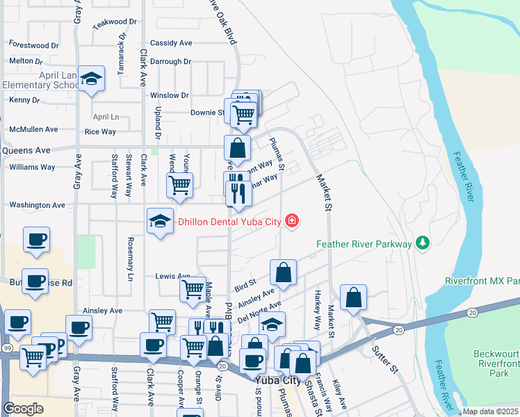 map of restaurants, bars, coffee shops, grocery stores, and more near 1286 Plumas Street in Yuba City