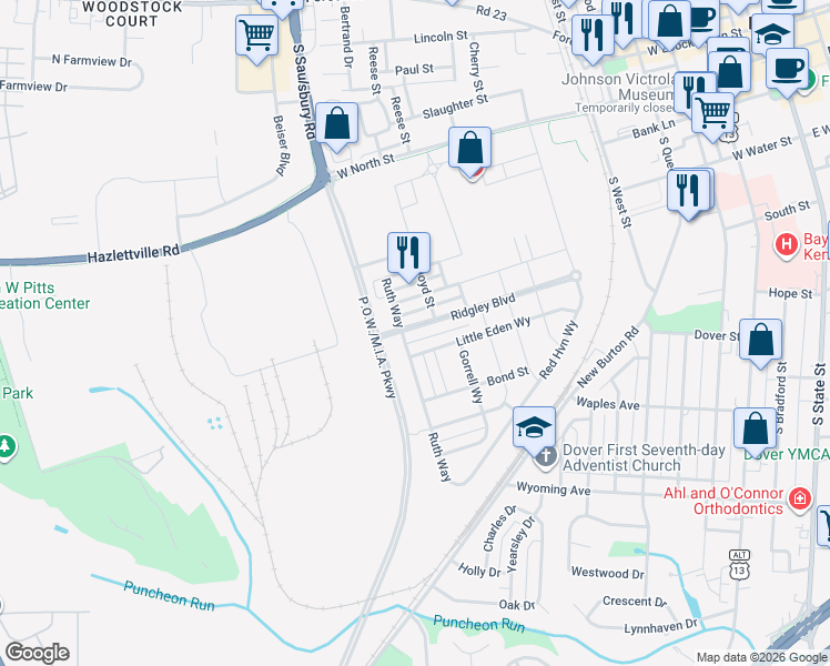 map of restaurants, bars, coffee shops, grocery stores, and more near 525 Little Eden Way in Dover