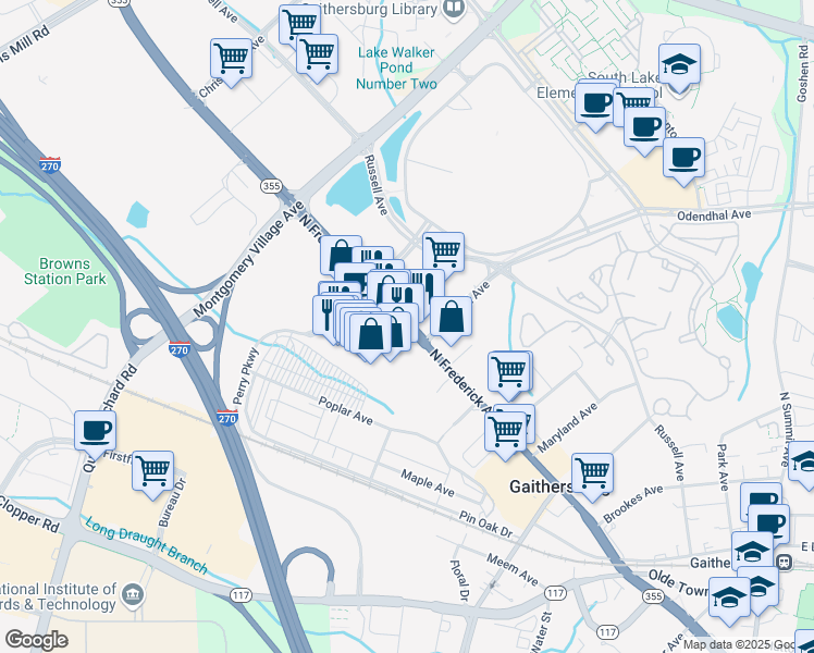 map of restaurants, bars, coffee shops, grocery stores, and more near 472 North Frederick Avenue in Gaithersburg
