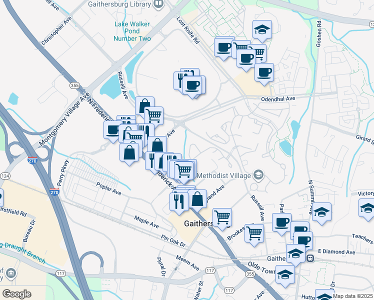 map of restaurants, bars, coffee shops, grocery stores, and more near 552 Russell Avenue in Gaithersburg