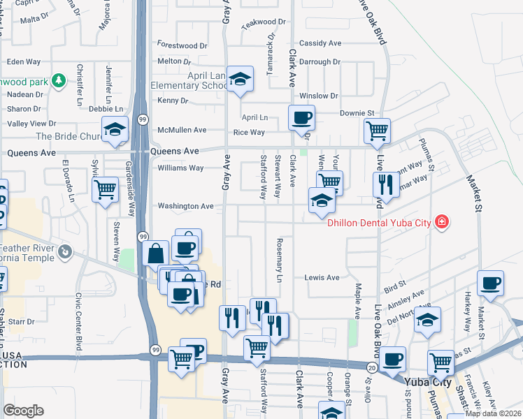 map of restaurants, bars, coffee shops, grocery stores, and more near 1303 Stafford Way in Yuba City