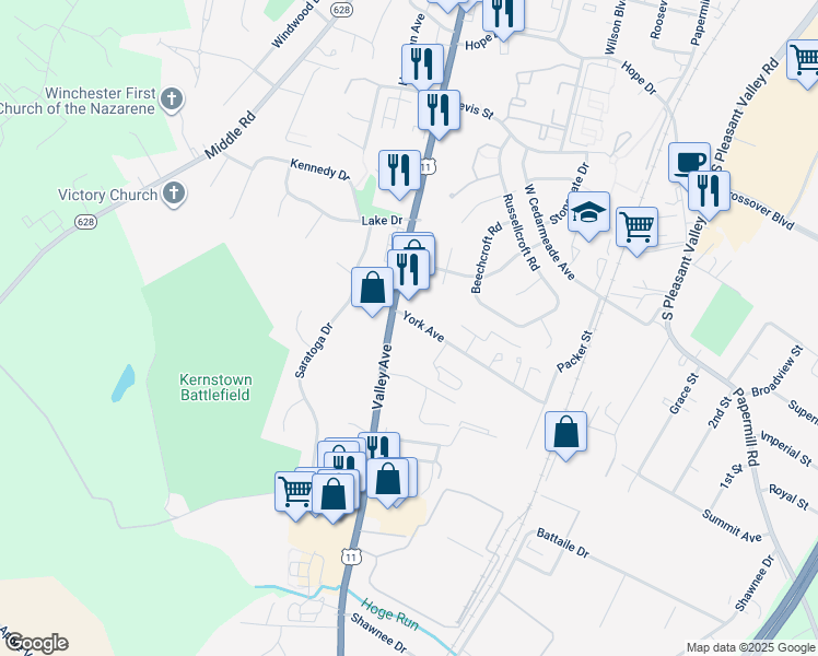 map of restaurants, bars, coffee shops, grocery stores, and more near 579 York Avenue in Winchester