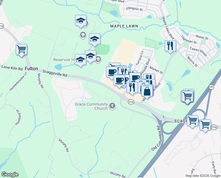 map of restaurants, bars, coffee shops, grocery stores, and more near 11550 Scaggsville Road in Fulton