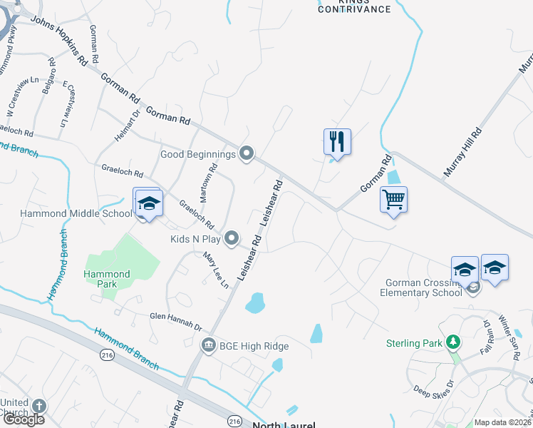map of restaurants, bars, coffee shops, grocery stores, and more near 8051 Leishear Road in Laurel