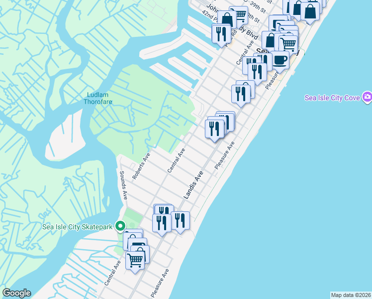 map of restaurants, bars, coffee shops, grocery stores, and more near 126 52nd Street in Sea Isle City