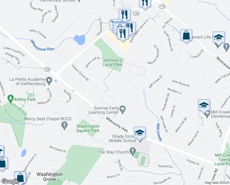 map of restaurants, bars, coffee shops, grocery stores, and more near 6 Cottonwood Court in Gaithersburg