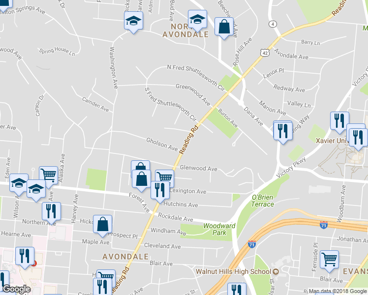 map of restaurants, bars, coffee shops, grocery stores, and more near 3626 Reading Road in Cincinnati