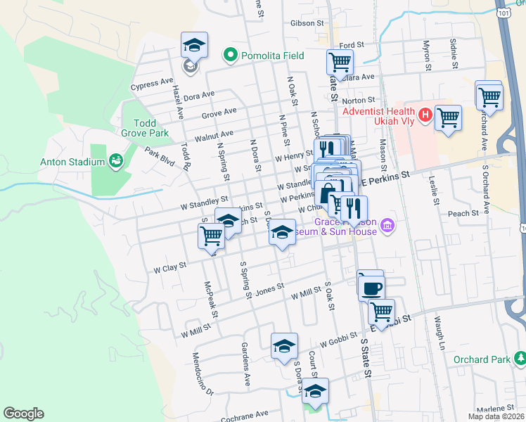 map of restaurants, bars, coffee shops, grocery stores, and more near 615 West Church Street in Ukiah