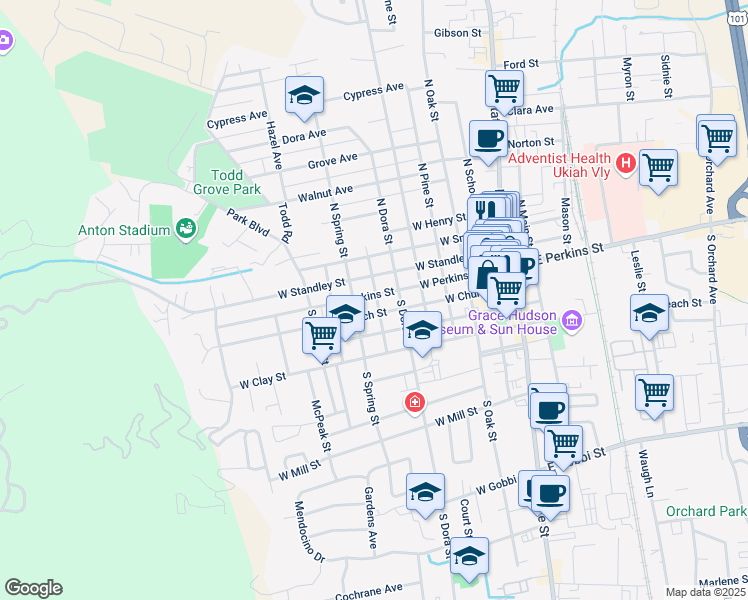 map of restaurants, bars, coffee shops, grocery stores, and more near 615 West Church Street in Ukiah